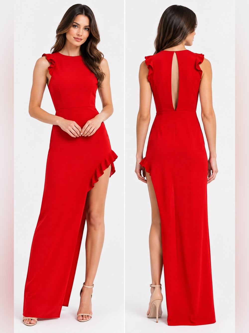 AQ/AQ Juan Dress Red Asymmetric Ruffle Maxi Gown Dress Size US 4